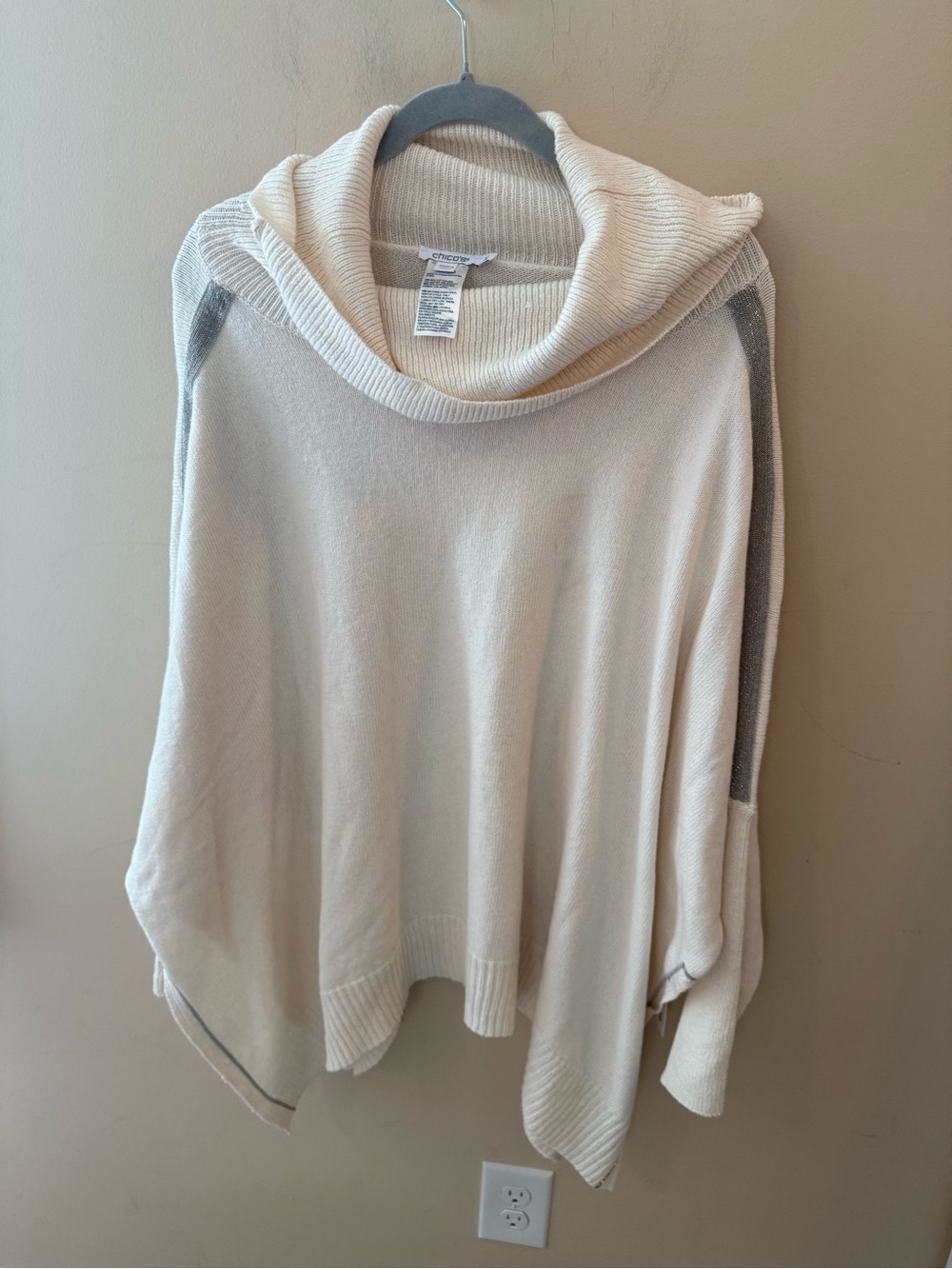 Chicos cowl neck poncho oversized creamy white silver trim size XL